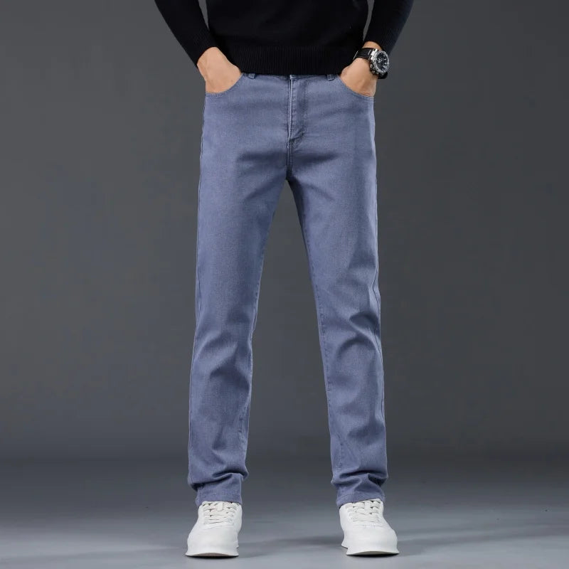 Male Brand Jeans Clothing Light Luxury Stretch Looes Fit Pants Comfortable Soft Business Fashion Straight Casual Denim Trousers
