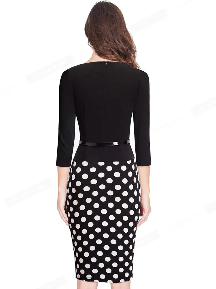 Nice-Forever One-Piece Faux Jacket Retro Contrast Polka Wear to Work Business Vestidos Office Bodycon Women Sheath Dress B407