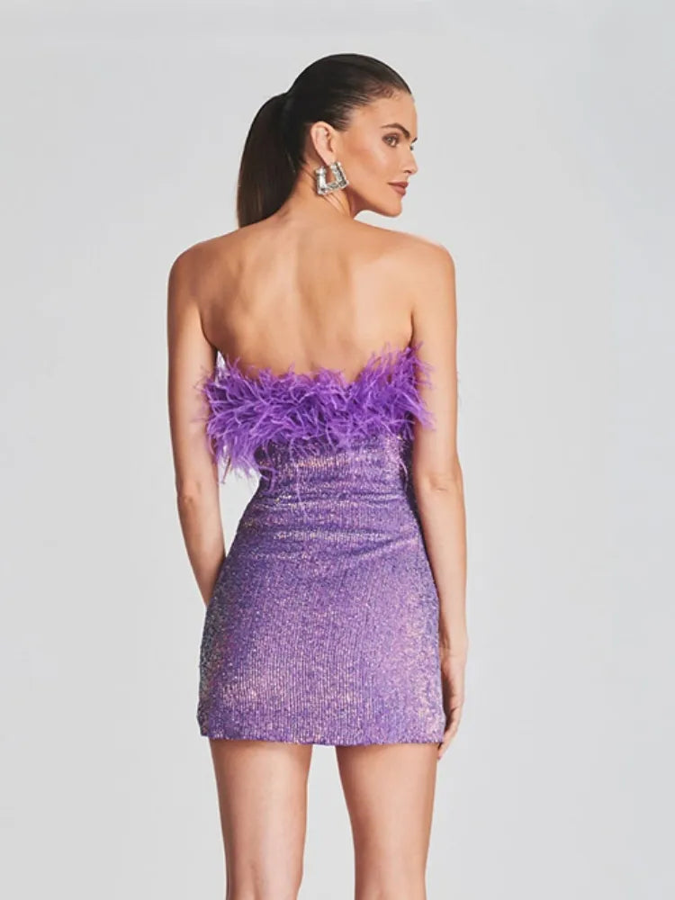 Sexy Strapless Sequins Feather Bodycon Mini Dress Elegant Purple Shiny Sequin Luxury Evening Dress Women Party Cocktail Dresses