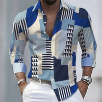 European and American style color-blocked geometric abstract print men's long-sleeved shirt, versatile top for spring and autumn