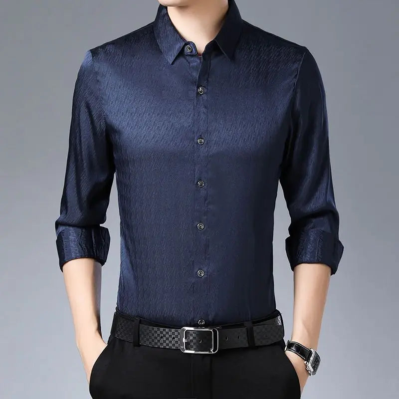 Streetwear Fashion Men Silk Smooth Shirt Spring Autumn New Male Clothes Business Casual Vintage Long Sleeve Basic Casual Tops