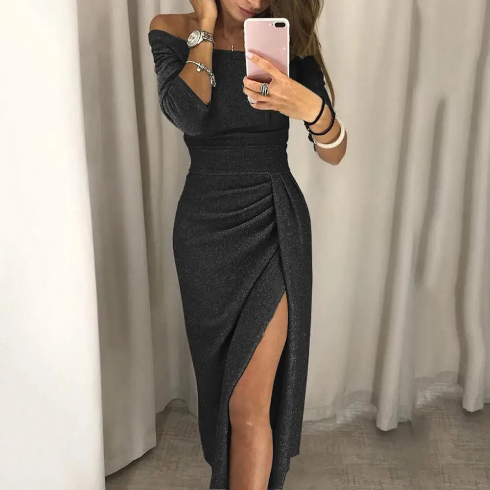 Party Dress Women Elegant Dress Fashion Bodycon Solid Color Sexy 2021 New Vestidos Autumn Straight Neck Half Sleeves Wedding