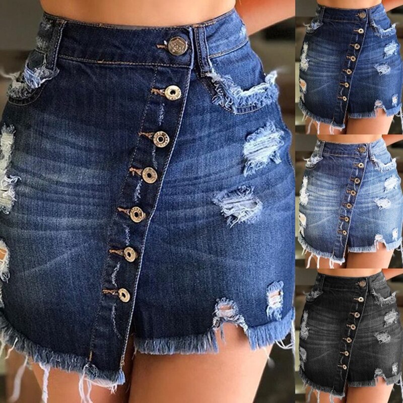 2022 Summer New Woman Ripped Denim Button Denim Short Skirt