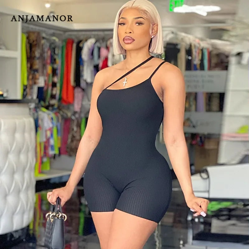 ANJAMANOR Solid Rib Knit One Shoulder Strap Sexy Jumpsuit Womens Summer Clothing Fitness Sports Short Rompers Wholesale D70-AI15