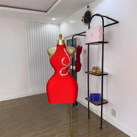 Red Black Color Women Sexy Off the Shoulder Shinning Crystal Bodycon Mini Bandage Dress Nightclub Party Bar Singer Birthday Wear