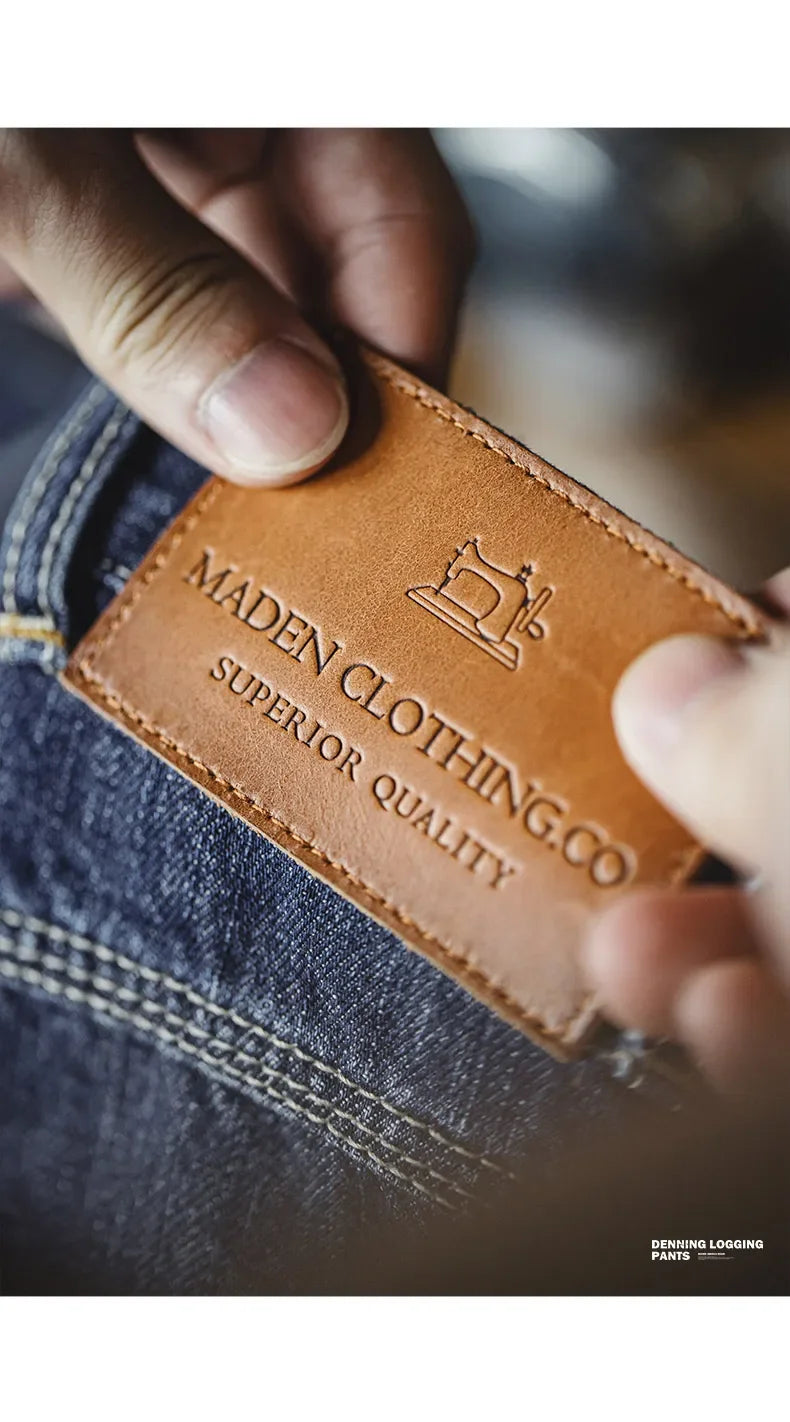 Maden Retro Blue Logging Mens Jeans with Washed Denim Loose Fit Cotton And Non-Elastic Waist Daily Wear Casual Pants