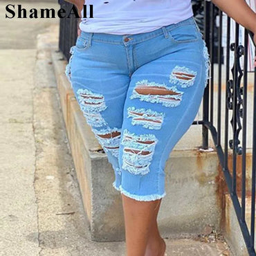Women Plus Size Street Fringe Ripped Stretch Skinny Black Denim Shorts Summer Sexy Club Party High Waisted Short Jeans Hotpants