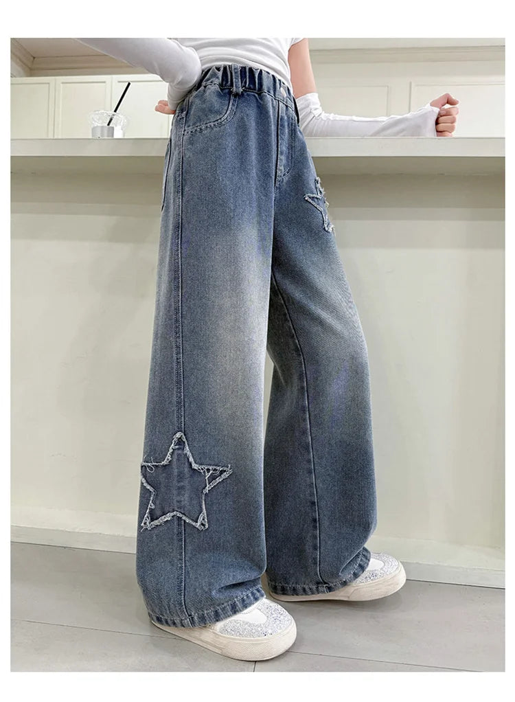 Girls Jeans 2025 Spring Autumn New Fashion Star Pattern Casual Denim Pants School Kids Trendy Teenage Children's Trousers 5-14T