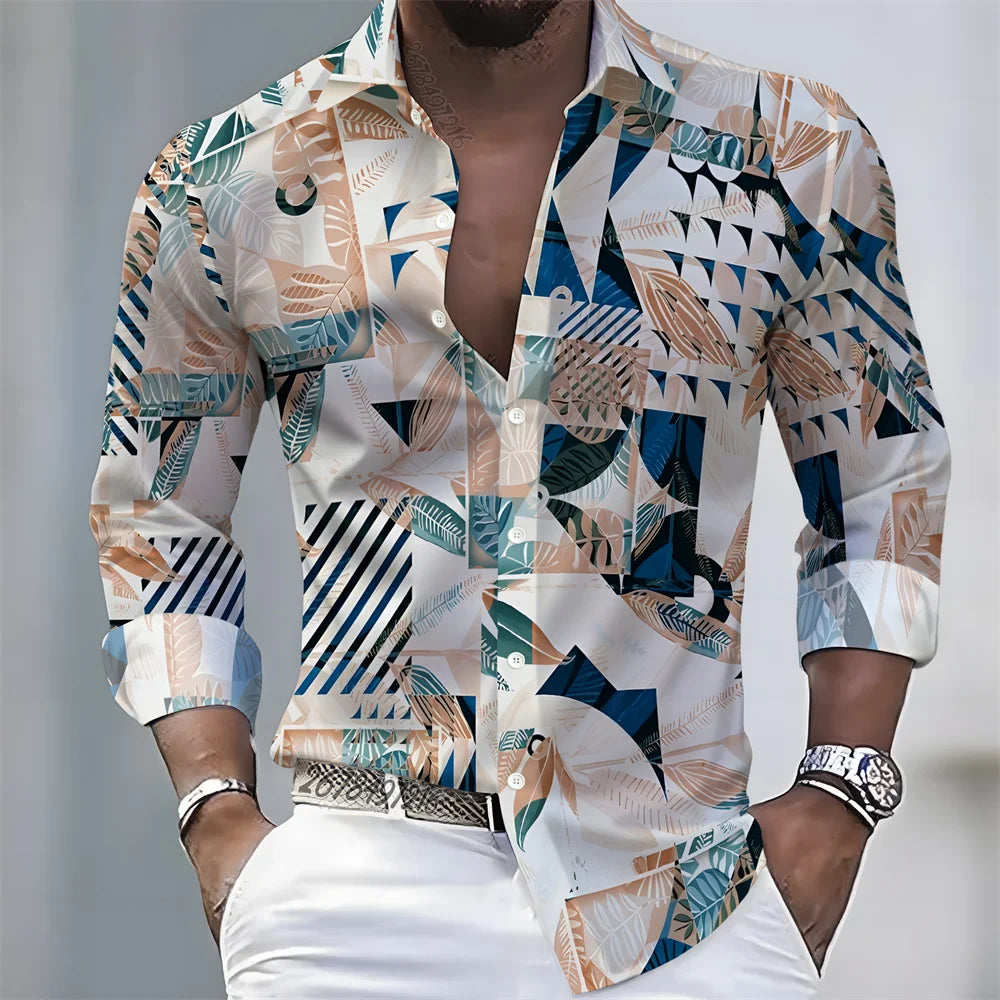 American retro patchwork print men's long-sleeved shirt, casual spring and autumn turn-down collar cardigan, plus size men's top
