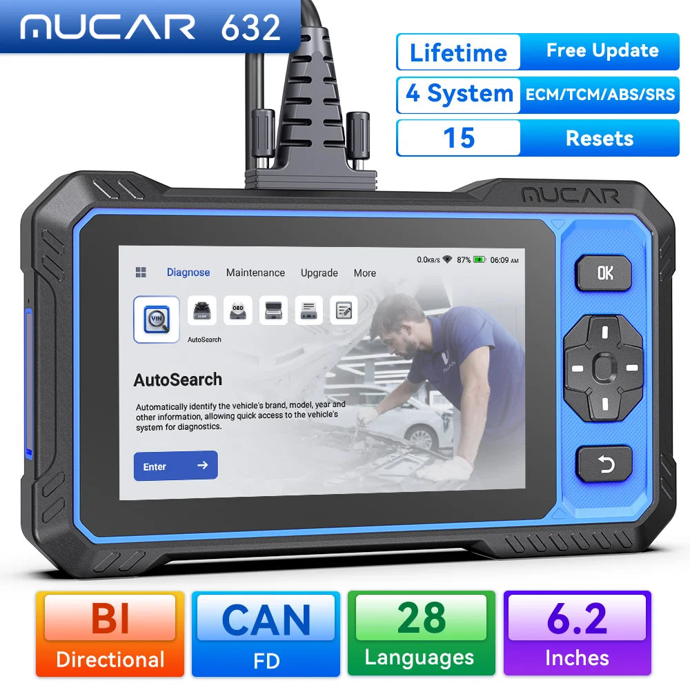 MUCAR 632 OBD2 Diagnostic Tool AI Assisted Bi-directional CANFD Protocal ECM/TCM/ABS/SRS Diagnosis 15 Reset Lifetime Free Update