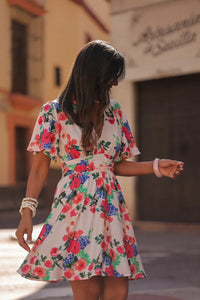 Euro-American Style Ivory Floral Print Deep V Flounce Sleeve Elastic Waist A-Line Summer Daily Date Vacation Mini Dress