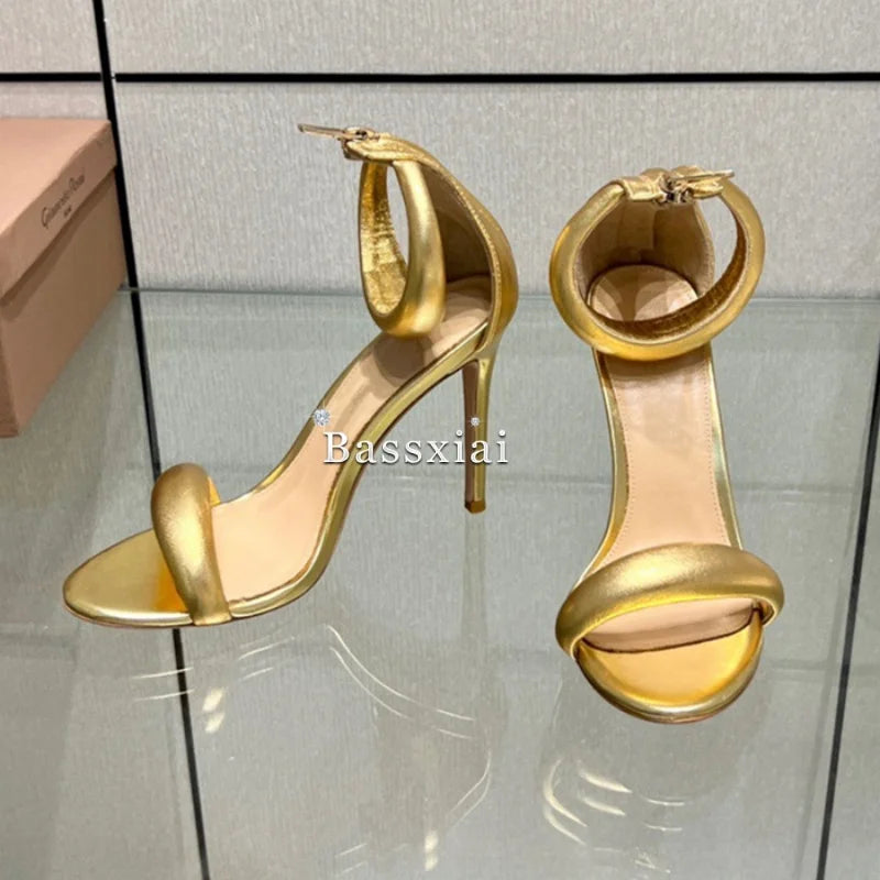 Genuine Leather One-Strap Sandals Women 10cm Stiletto Heel Back Zip Concise Style Modern Summer Shoes