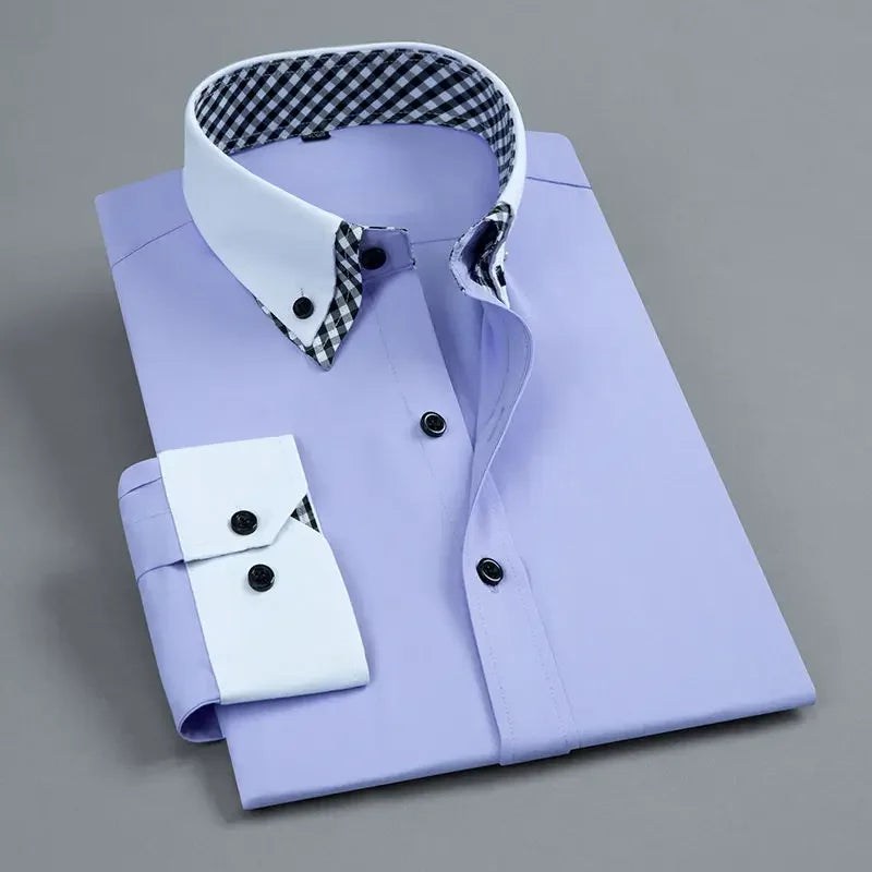 Mens Dress Shirt Long Sleeve Non Iron Fashion Double Layer Business Formal Regular Fit Office Camisa Social Solid Button Shirts