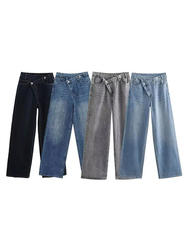 HH Women's Street Fashion Wide-leg Jeans Double-clad Pants With Pockets High Waist Solid Asymmetric Retro Straight Trousers