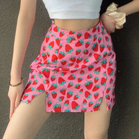 Pink Skirt Side Split Mini Skirts High Waist Woman Fashion Strawberries Print Sexy Skinny Summer Skirt 2000s Y2k Streetwear Chic