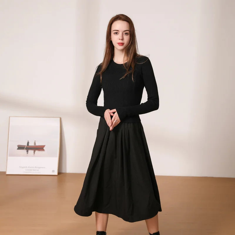 Women's Black One-Piece Sweater Dress Knitted Dresses Elegant and Pretty Young Ladies Knitwear Female Fashion 2023