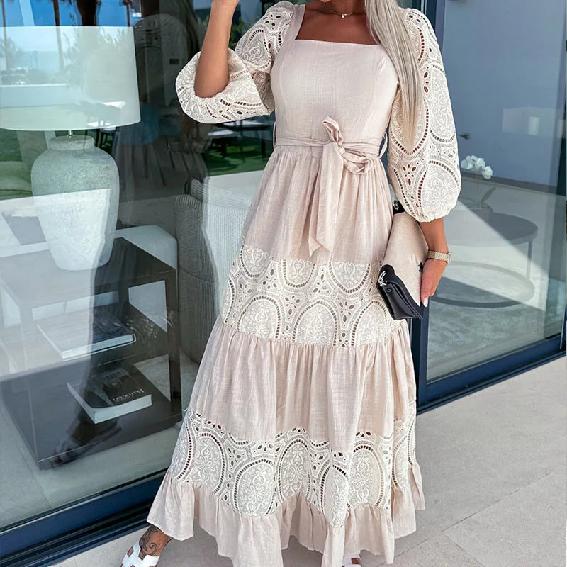 Elegant Retro White Lace Jacquard Women Dress Office Ladies Temperament Off Shoulder Maxi Dresses 2023 Long Evening Party Dress