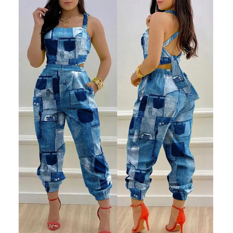 Sexy 2022 Women Chic Casual Jumpsuits One Piece Plants Print Criss Cross Tied Backless