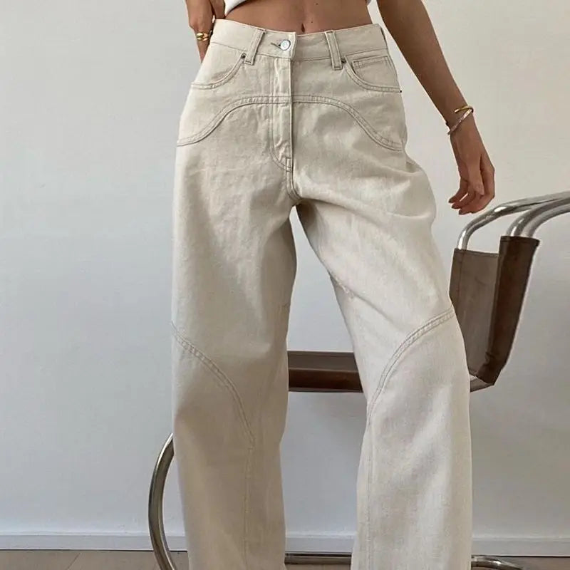 Beige Jeans Women Trendy European Style Loose Casual High Waist Spring All-match Streetwear Ins Hotsweet Simple New Full Length