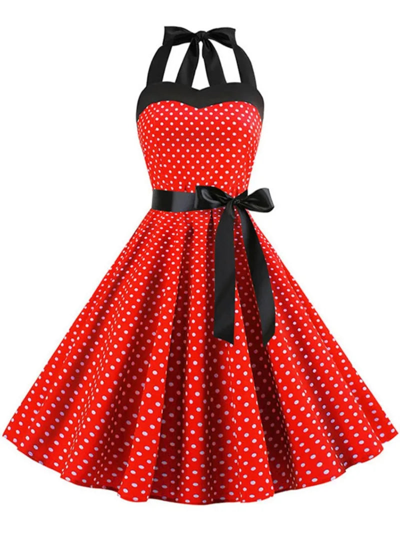 Elegant Women Pink Polka Dot Dress Summer Robe Hepburn 1950s 60s Vintage Sexy Halter Rockabilly Retro Party Dresses 2026 Vestido