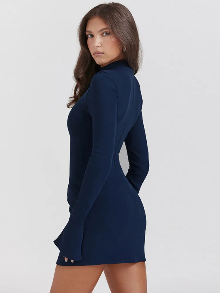 Mozision Dark Blue Two Pocket Sexy Mini Dress For Women 2023 Autumn Winter New Long Sleeve Bodycon Club Party Dress Elegant