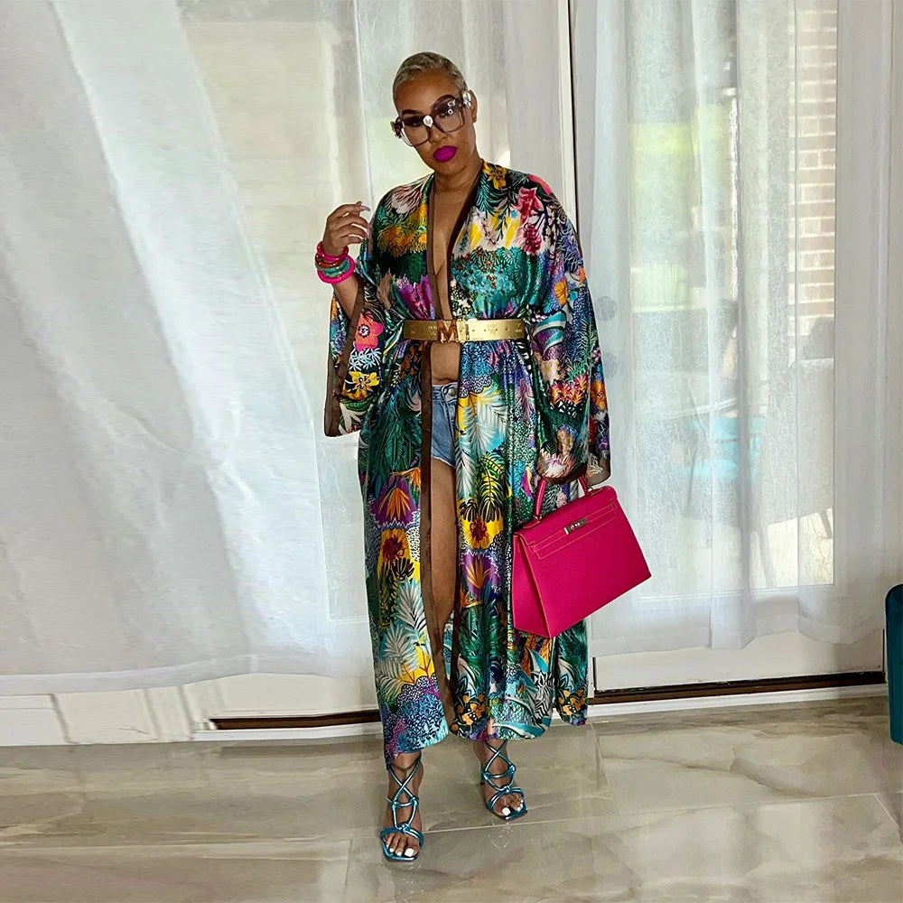 Casual Beach Cover Up Boho Dress Party Kaftan Kimonos Verano Sukienka Print Long Sleeve Cardigan Female Blouse Loose Dresses