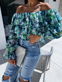 Women's Off Shoulder Floral Print Blouse with Tiered Ruffles and Long Bell Sleeves for Summer Party Wear