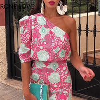 Women Elegant One Shoulder Short Sleeves All Over Print  Midi Formal Party Bodycon Dresses