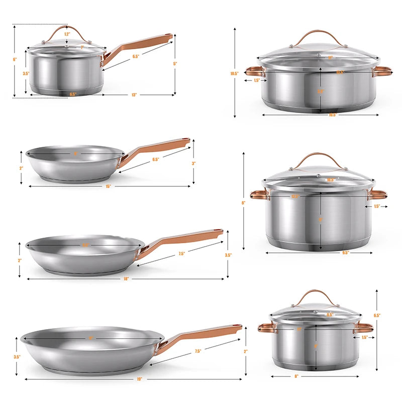 11 Pieces/set Stainless Steel Kitchen Cookware Set with Gold Stay-Cool Handles Pots and Pans Cookware Sets Kitchen Supplies