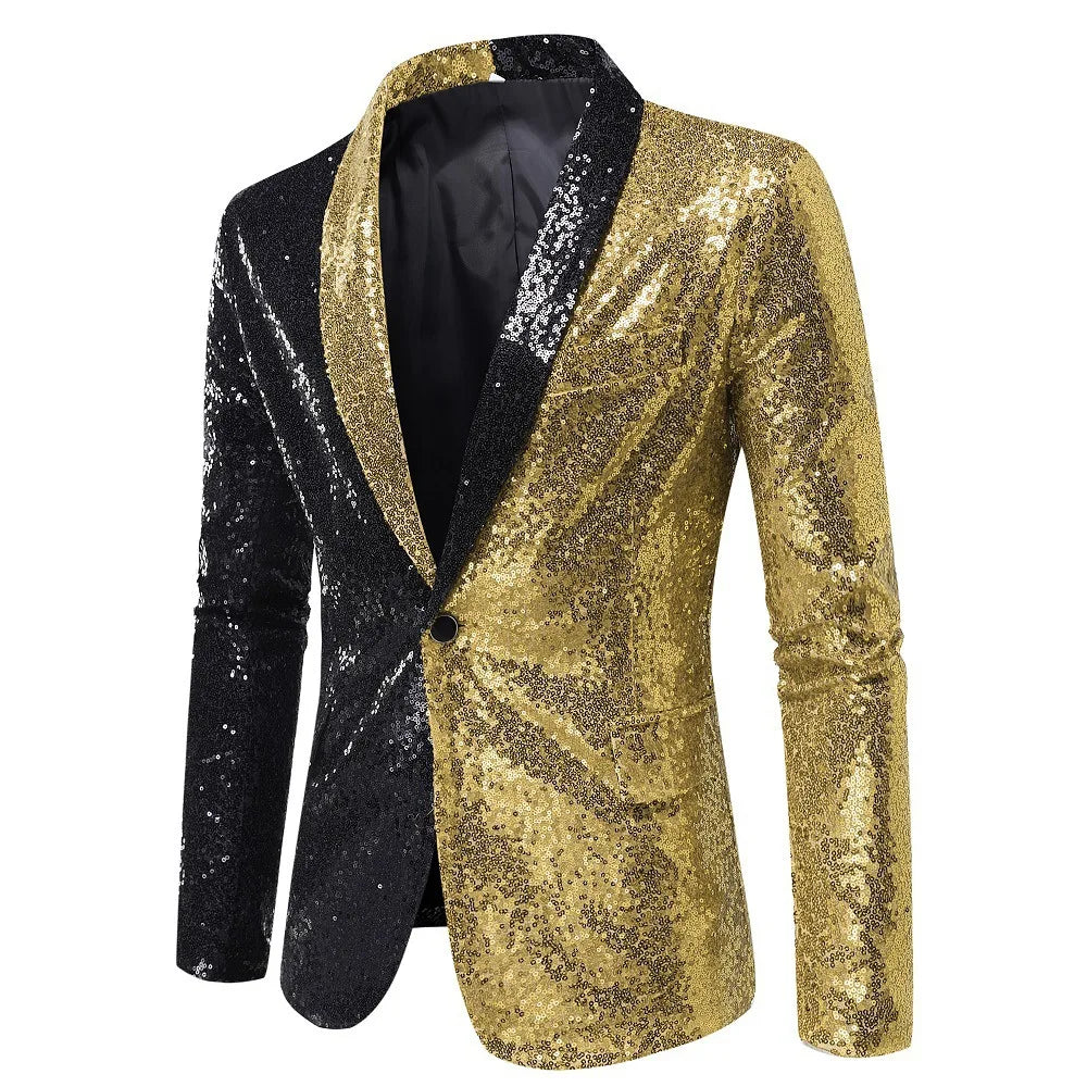 Shiny Sequin Men's Suit Jacket, Stage Performance Coat, White Silver Blue Red Purple Blazers V-neck Single Button S M L XL XXL