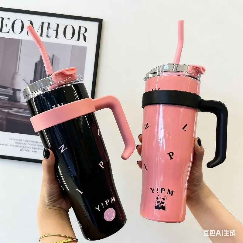 1200ml 304 stainless steel insulated cup, ice cup, large capacity portable straw cup, can keep hot water and can keep ice