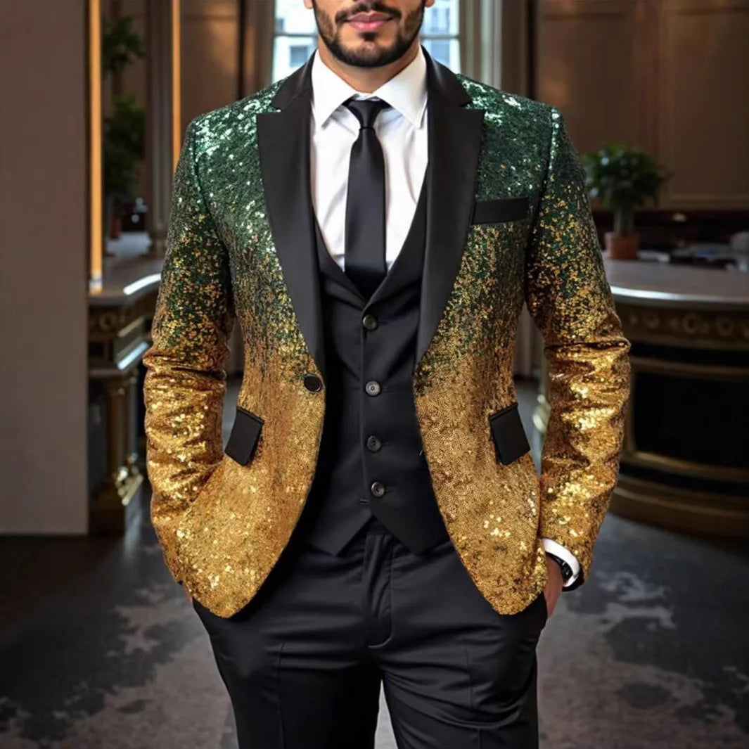 Shiny Sequin Tuxedo Jacket for Men - Royal Blue & Gold Gradient, Black Lapel, Formal Party/Wedding/Stage Wear‌ Coat.