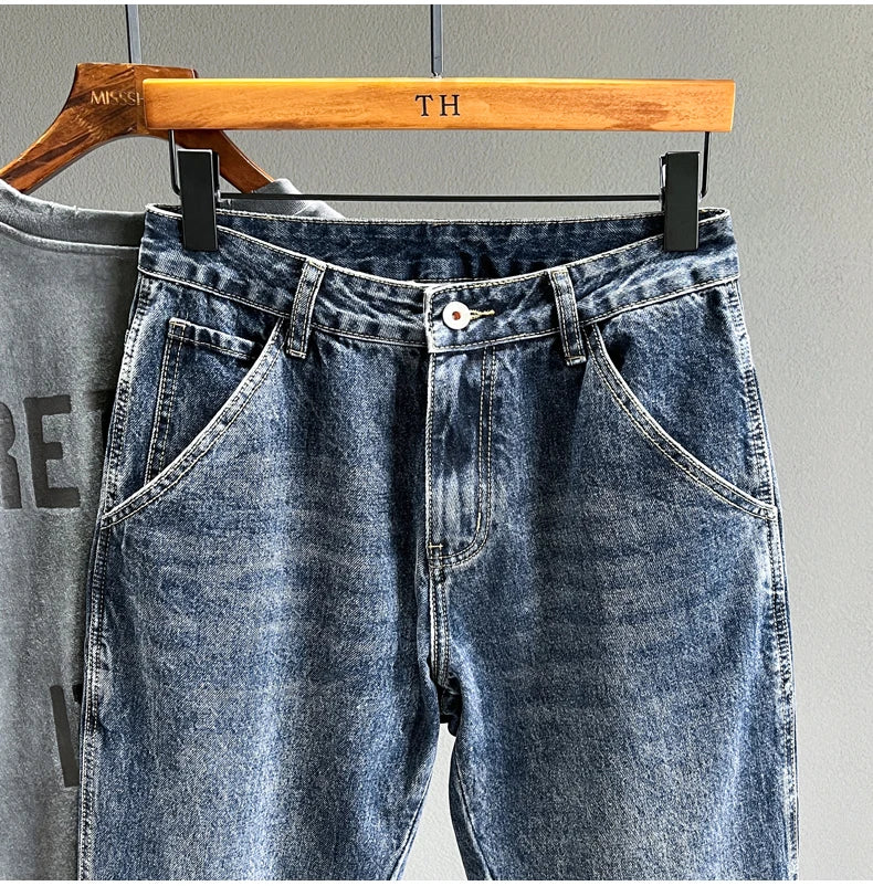 Men's Jeans Streetwear Fashion Tapered Pants Blue Casual Personality Vintage Male Clothing Slim Denim Trousers Brands