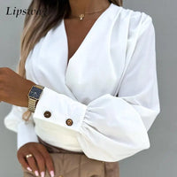 2022 Autumn Women Elegant V Neck Slim Waist Shirts Fashion Lantern Long Sleeve Office Lady Pullover Sexy Solid Commuter Blouse