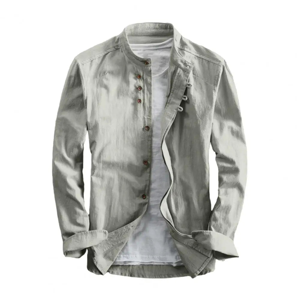 Men's Retro Buckle Long Sleeved Shirt 2025 Spring Autumn Casual Linen Buttoned Shirt Slim Fit Stand Up Collar Shirt Jacket
