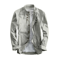 Men's Retro Buckle Long Sleeved Shirt 2025 Spring Autumn Casual Linen Buttoned Shirt Slim Fit Stand Up Collar Shirt Jacket