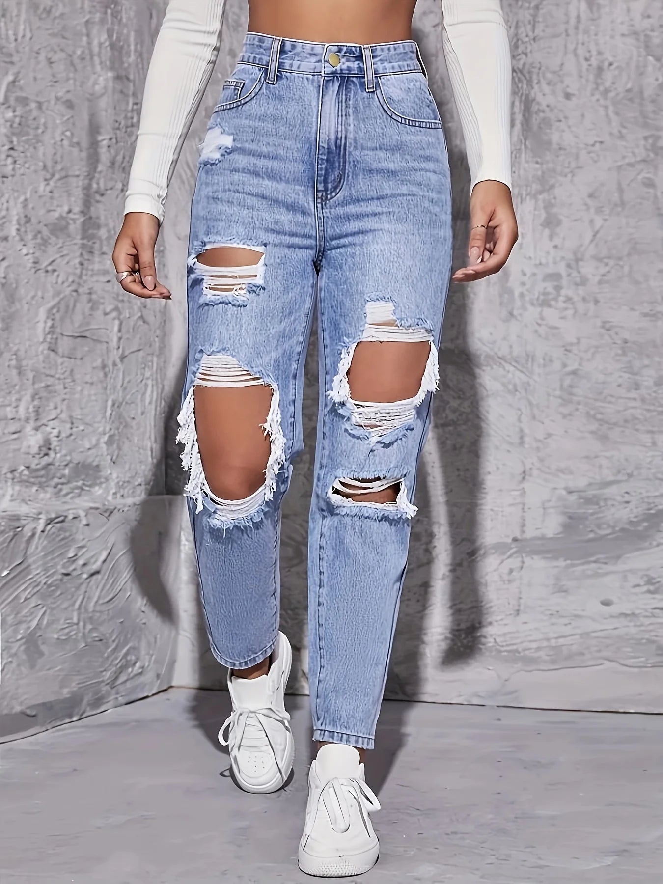 American Retro Hole-punched Jeans Women High Waist Straight-crotch Loose Slim Design High-street Vibe Wide-legged Dragging Pants