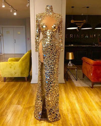 Arabic Aso Ebi Gold Sequined mirror Prom Dresses Long Sleeves High Split Evening Formal Party Second Reception Gowns Dress