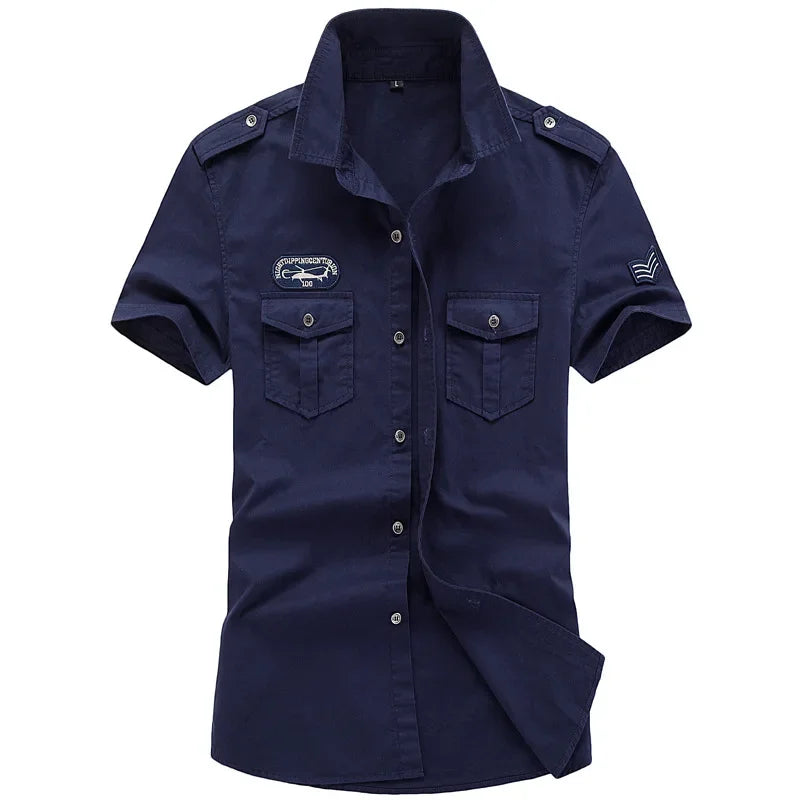 2023 New Mens Military Shirt Men Short Sleeve Cargo Shirts 100% Cotton Casual Solid Shirt Male Pocket Work Shirt