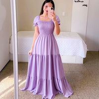 2025 Spring Summer New Women Closing Solid Color Square Collar Short Sleeve Long Dress Vestidos Largos vestidos verano moda 2024