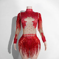 NEW womens bodysuit Sexy Leopard sequin tassels High Collar Bodycon team performance pole dance drag queen outfit singer stage