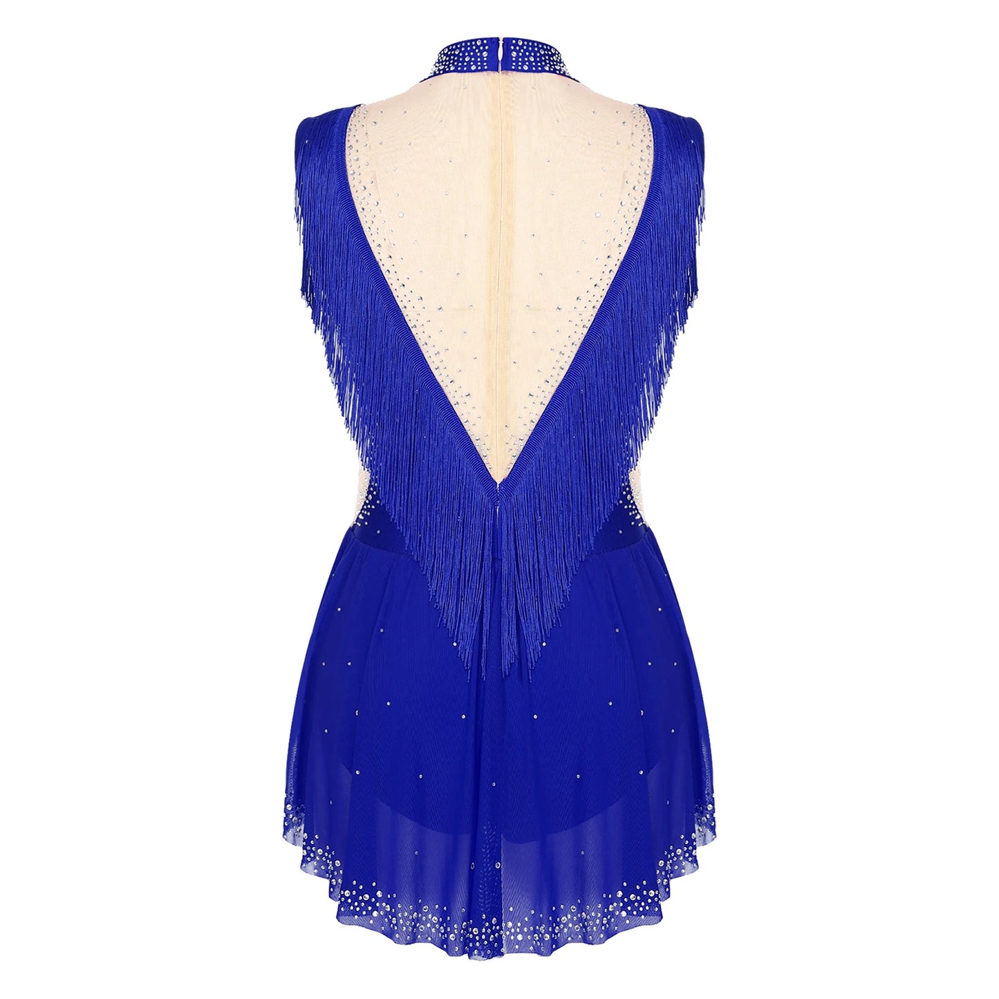 Womens Jazz Dance Leotard Skirted Sparkling Rhinestones Mock Neck Sleeveless Sheer Mesh Patchwork Tassel Bodysuit