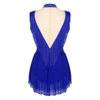 Womens Jazz Dance Leotard Skirted Sparkling Rhinestones Mock Neck Sleeveless Sheer Mesh Patchwork Tassel Bodysuit