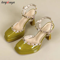 rivet platform heels sandals Mary Jane Shoes Buckle Pumps Women Elegant Shallow Square Toe Footwear Outdoor Lady Shoes white