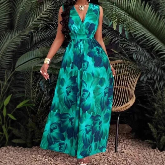 Women's Dress New Summer Sexy Fashion V-neck Top Lace-Up Printed Pleated Waist Sleeveless Slim Fit Boho Maxi Dresses For Women