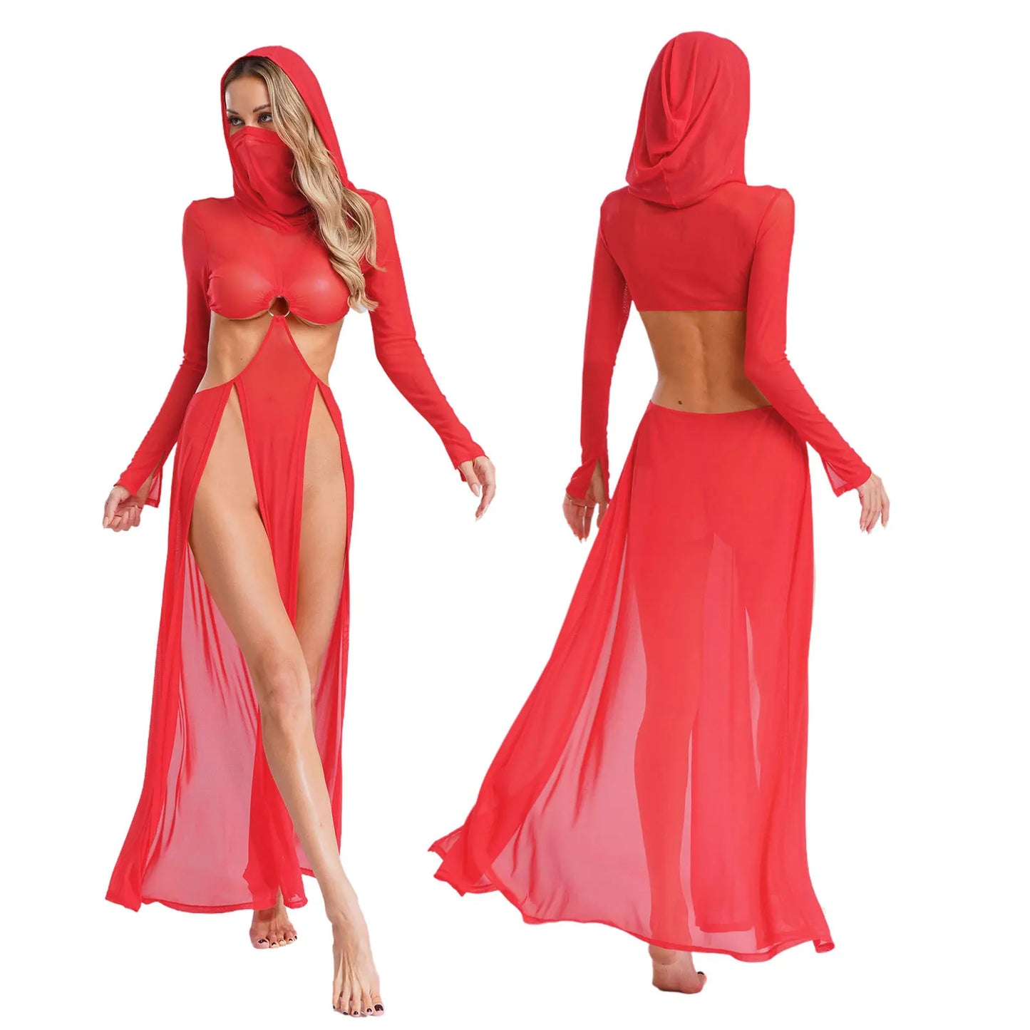 Women Sheer Dress with Hooded Face Mask Maxi High Slit Sexy Mesh Dress Long Sleeves Hollow Out Sheer Dress Cover Up Swimwear