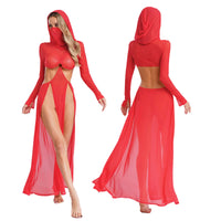 Women Sheer Dress with Hooded Face Mask Maxi High Slit Sexy Mesh Dress Long Sleeves Hollow Out Sheer Dress Cover Up Swimwear