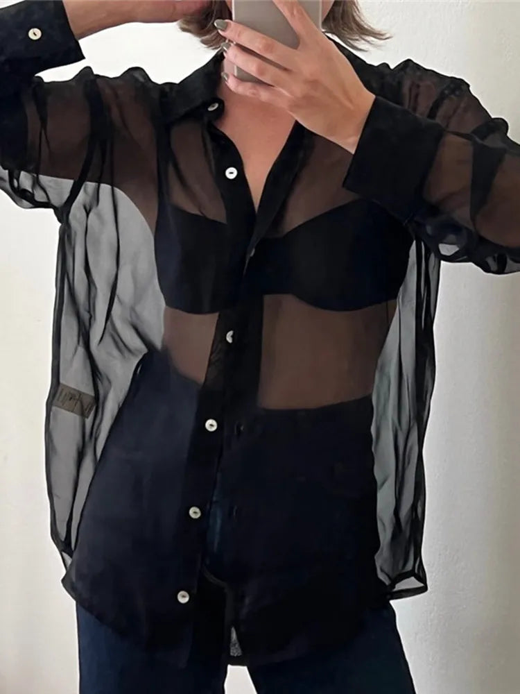 Shirts and Blouses Women Button Up Transparent Shirt Sun-proof Summer Clothes 2023 New Female Causal Fashion Tops Beach Cover Up