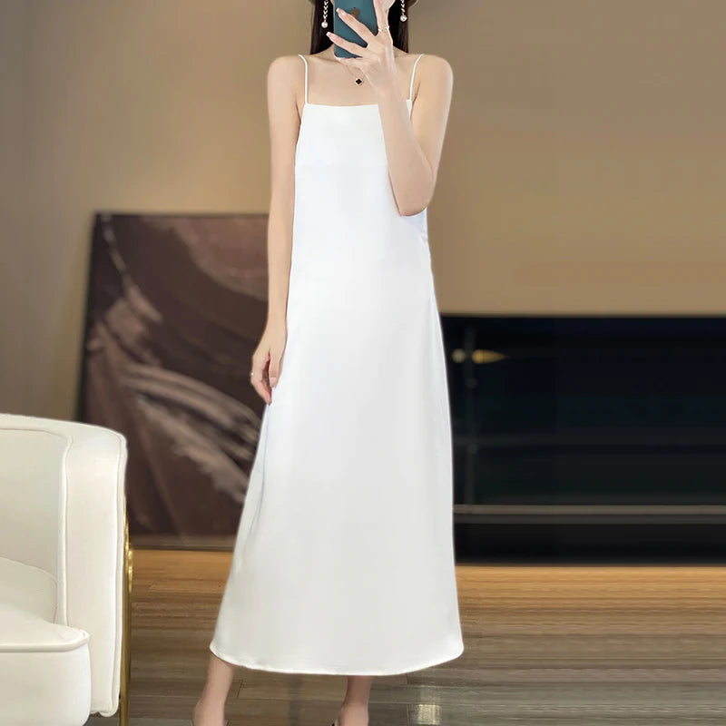 2025 New Model One Collar French High-end Silk Camisole Dress.  Solid Color Base Long Skirt