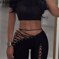 FAGADOER Sexy Bandage Patchwork 2 Piece Sets Woman Outfit Halter Sleeveless Crop Tops and Pants Matching Suit Female Streetwear